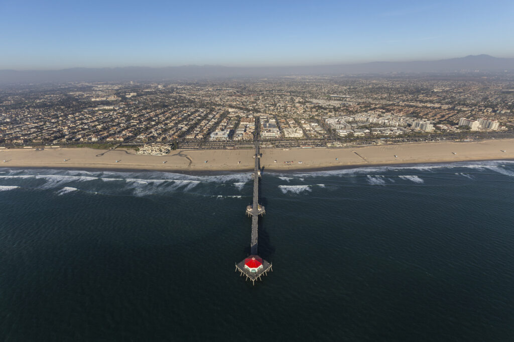 Aerial view of Huntington Beach Pier in Orange County, California.