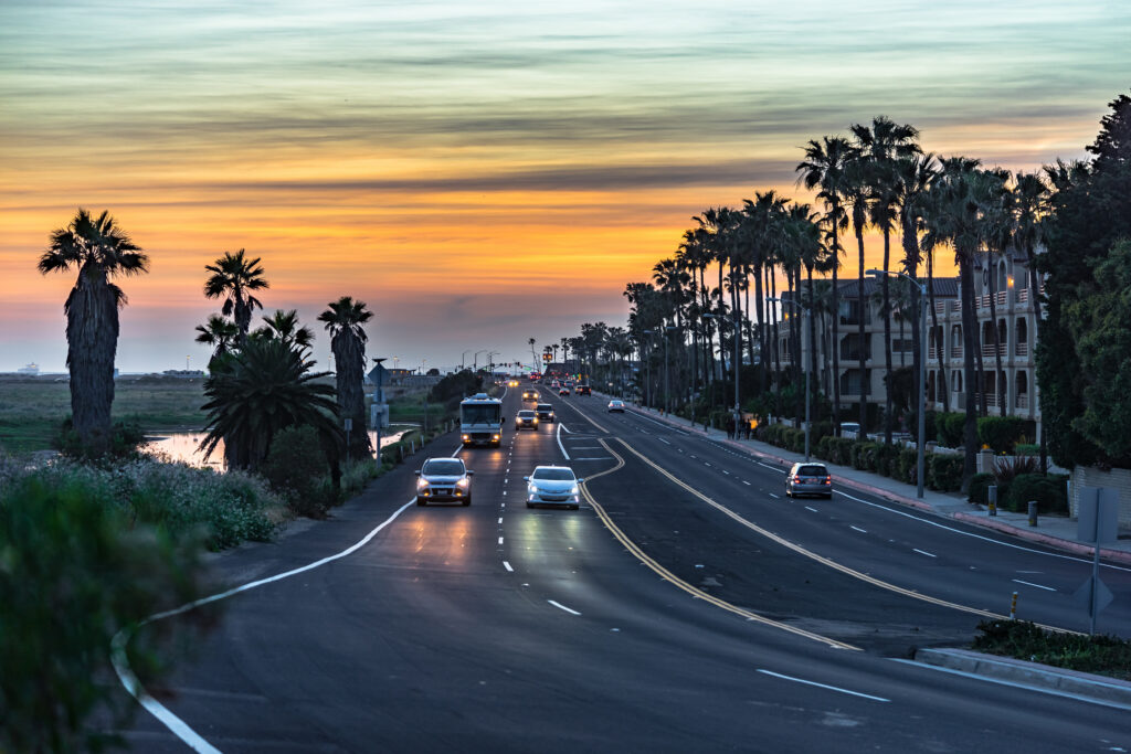 streets of Huntington Beach, Ca by the wetlands at sunset